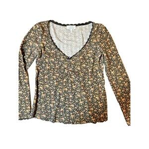 & Other Stories Floral Pointelle Long Sleeve 90s Core Vneck Navy Lace Trim S